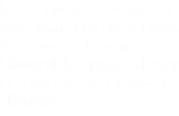 les pièces d'eau se placeront au sous-sol sous la cage d'escalier de l'immeuble pour libérer l'espace de vie du rez-de-chaussée.